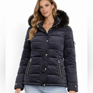 NWOT Royal Matrix Navy Puffer Jacket with Black Fur Hood and Gold Button Detail